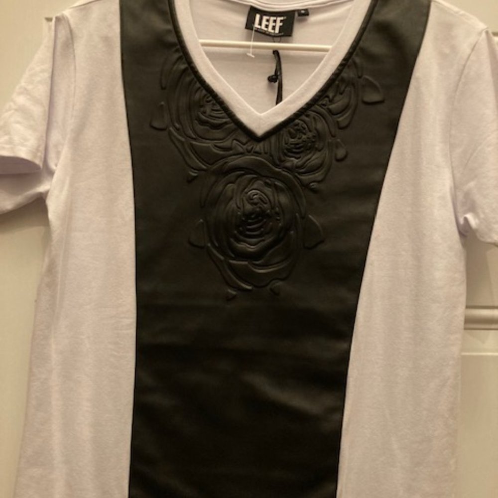 LEEF white shirt with embossed faux leather panel, size Small